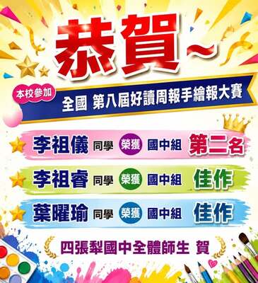 恭賀臺中市四張犁國中學生參加「全國第八屆好讀周報手繪報大賽」榮獲佳績